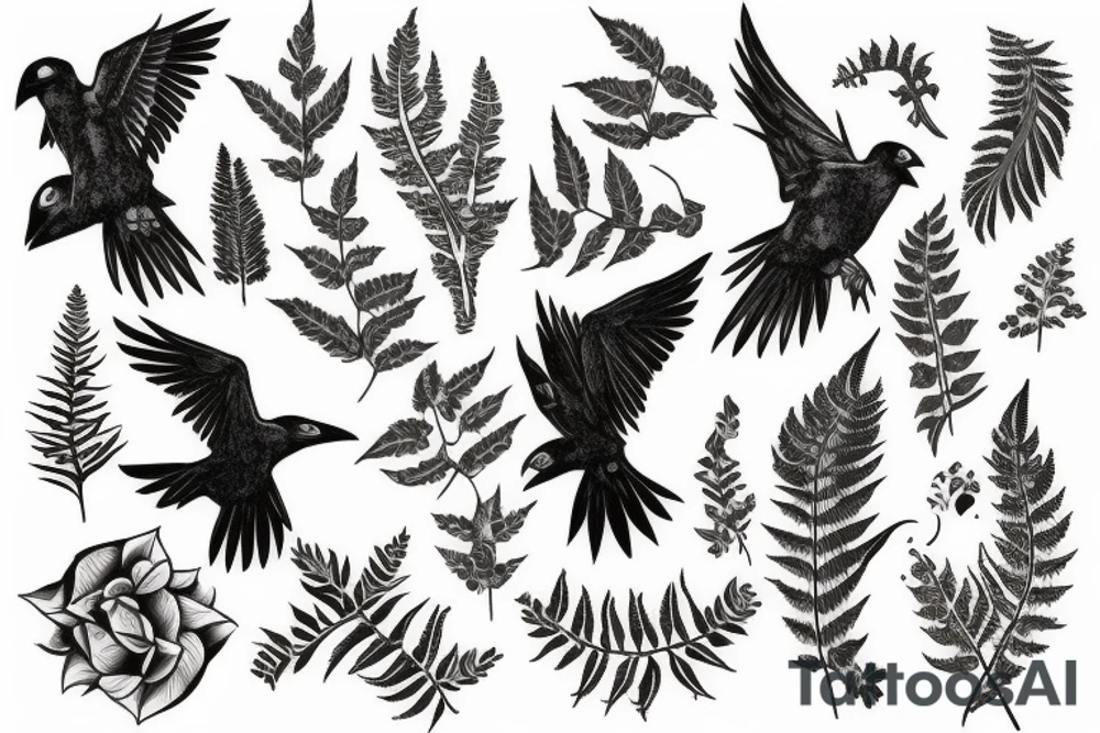 raven flying up with hisbiscus and ferns tattoo idea