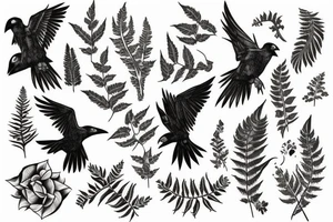 raven flying up with hisbiscus and ferns tattoo idea