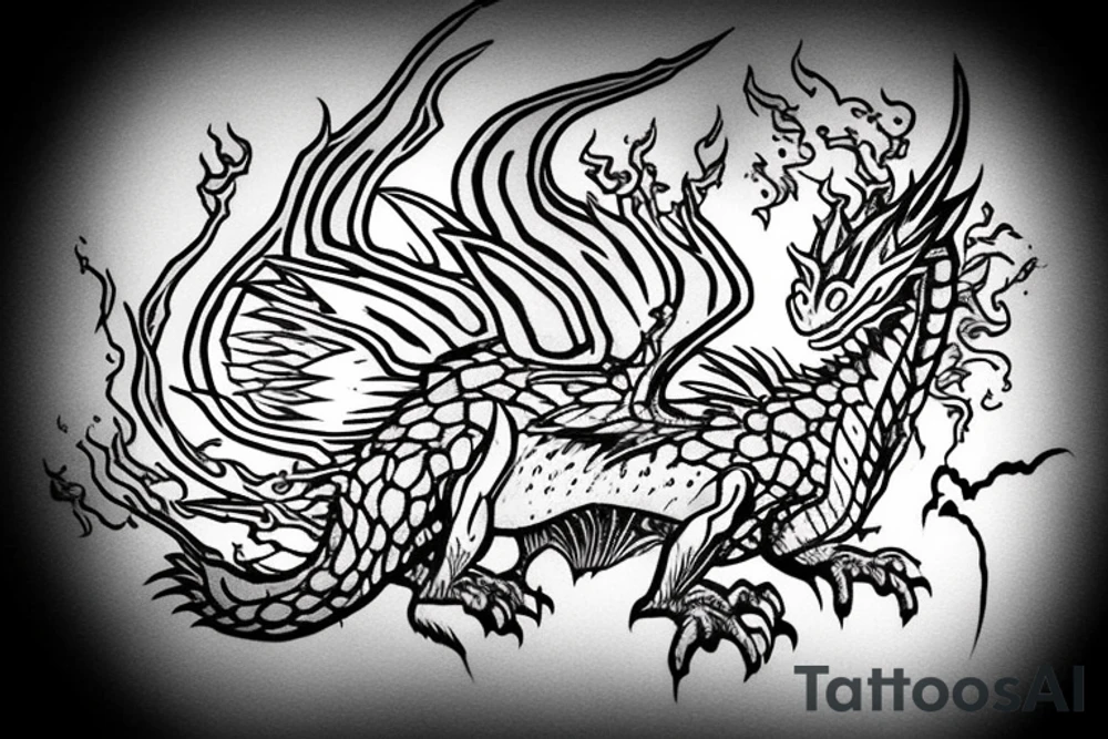 Nice little dragon spitting fire. His flame makes a heart tattoo idea