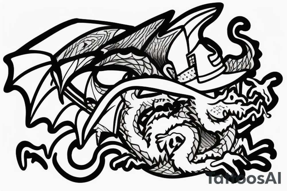 Nice little dragon with a hat and a phone in his hand tattoo idea