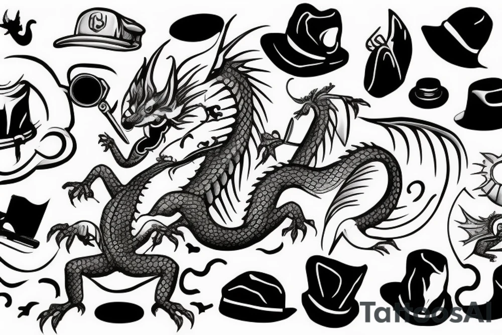 Nice little dragon with a hat and a phone in his hand tattoo idea
