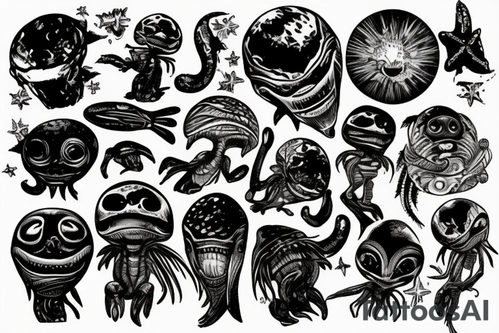 Alien sunbathing by the beach tattoo idea