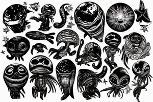 Alien sunbathing by the beach tattoo idea