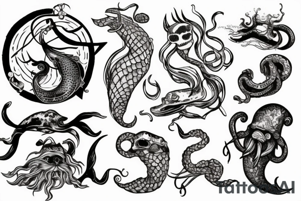 Kraken, Atlantis, pirate and mermaid, sea life, underwater tattoo idea