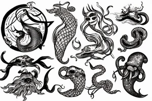 Kraken, Atlantis, pirate and mermaid, sea life, underwater tattoo idea