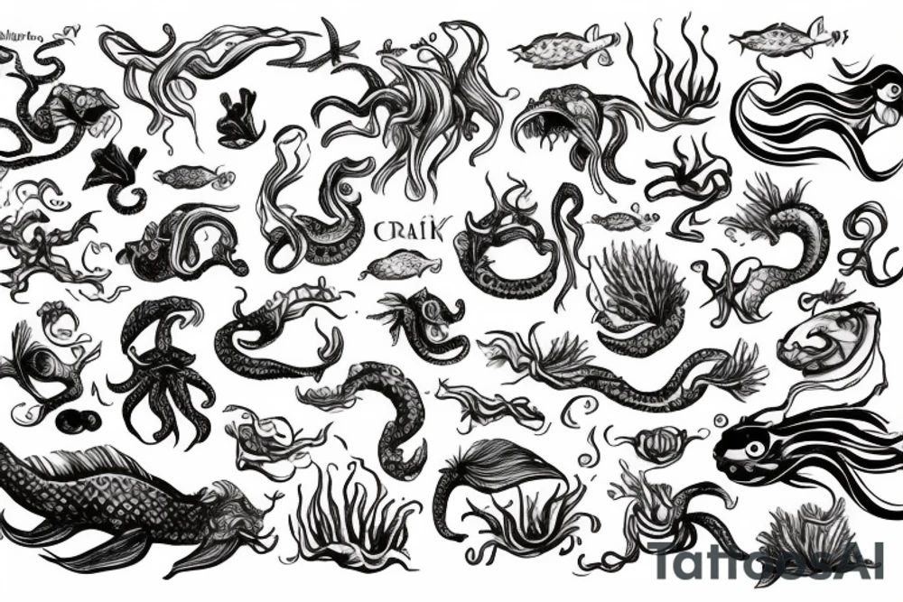 Kraken, Atlantis, pirate and mermaid, sea life, underwater tattoo idea