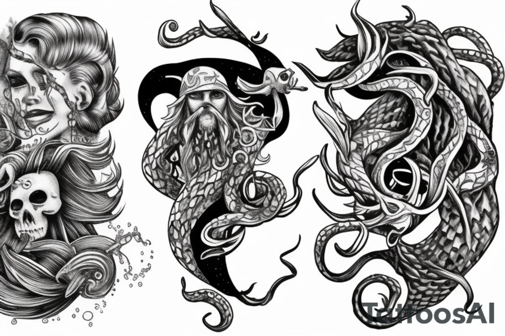 Kraken, Atlantis, pirate and mermaid, sea life, underwater sleeve tattoo idea