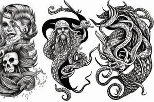 Kraken, Atlantis, pirate and mermaid, sea life, underwater sleeve tattoo idea