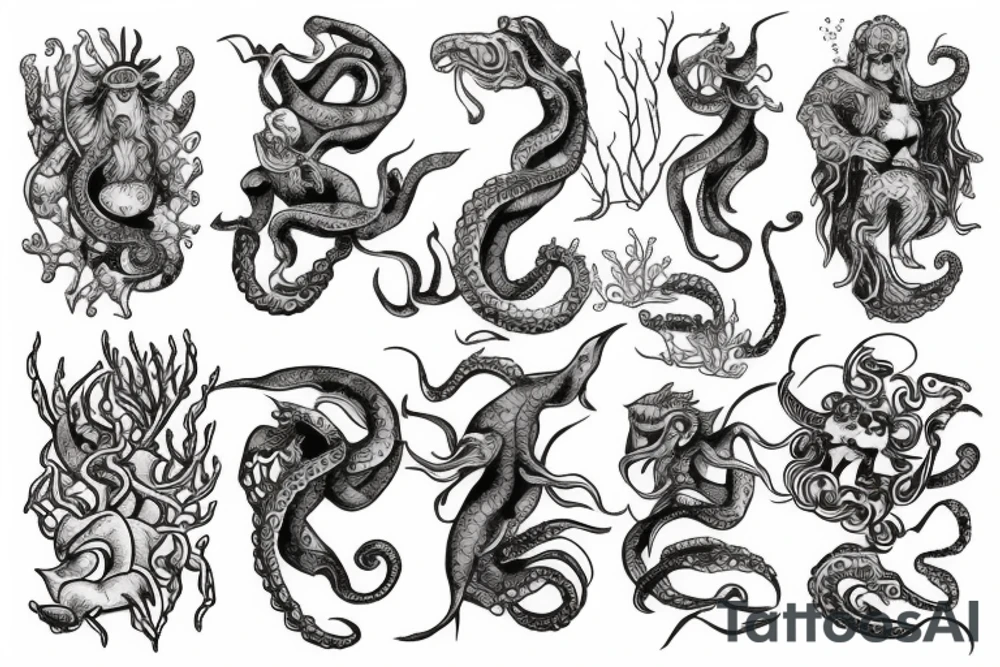 Kraken, Atlantis, pirate and mermaid, sea life, underwater sleeve tattoo idea