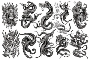 Kraken, Atlantis, pirate and mermaid, sea life, underwater sleeve tattoo idea