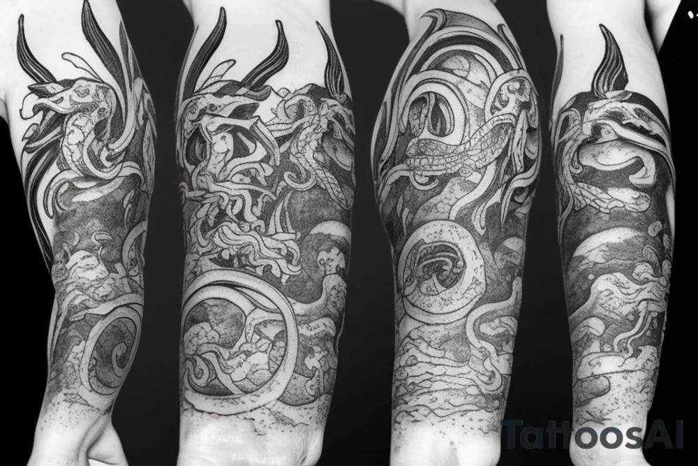 Kraken, Atlantis, pirate and mermaid, sea life, underwater sleeve tattoo idea