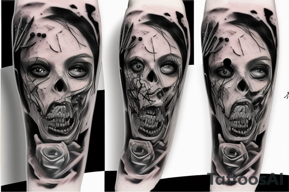 A hot zombie girl, realistic tattoo idea