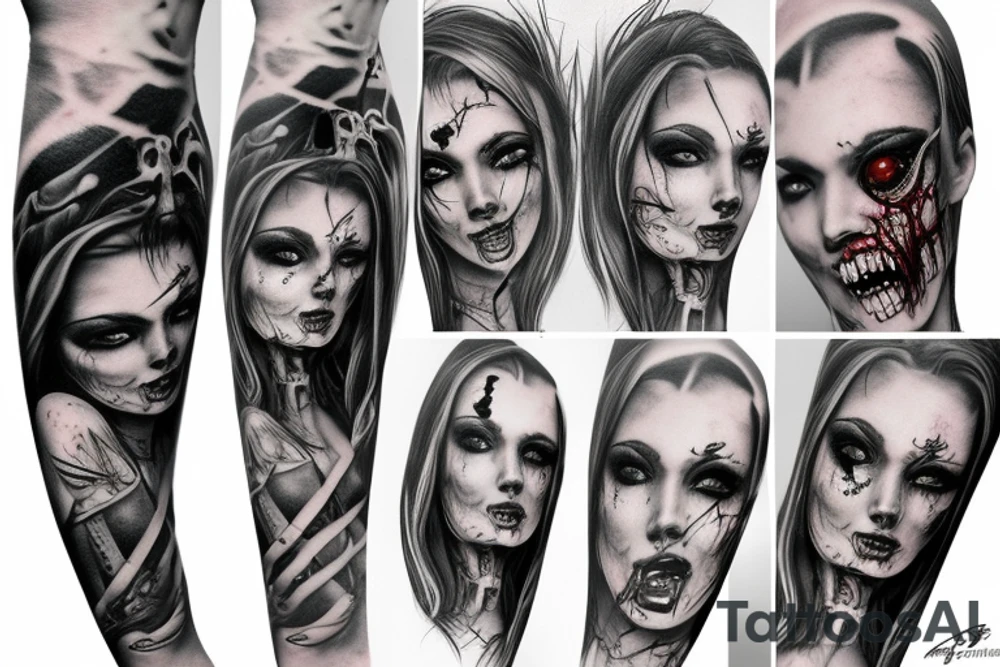 A hot zombie girl, realistic tattoo idea