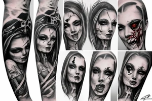 A hot zombie girl, realistic tattoo idea