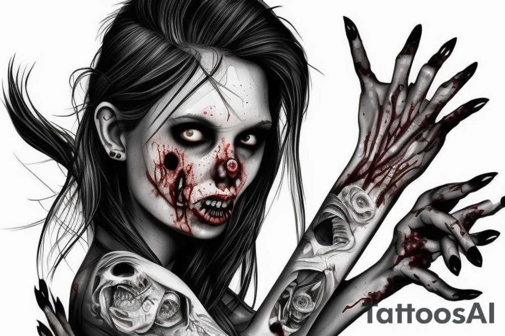 A hot zombie girl, realistic, no skin tattoo idea