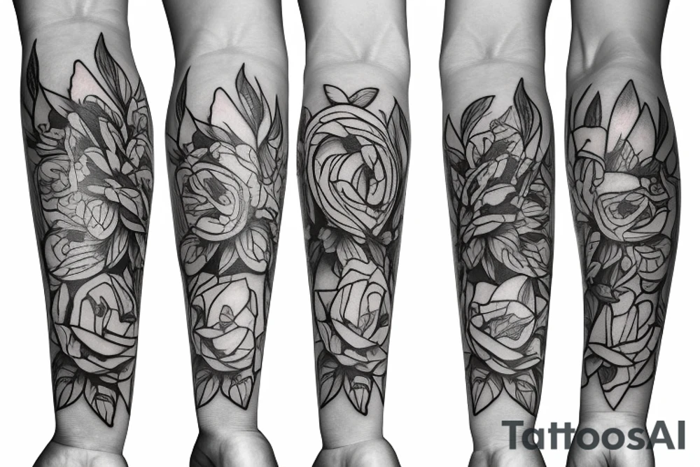 Rosebud, daisy, calla Lilly Flowers with a small Maltese cross dad forearm wrap tattoo idea