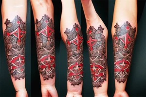 Flowers with a small Maltese cross dad forearm wrap tattoo idea
