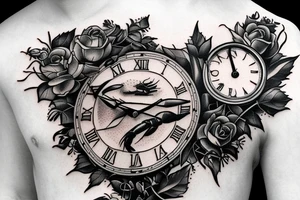 Clock with crab and scorpion in it with ivy leaves and roses tattoo idea