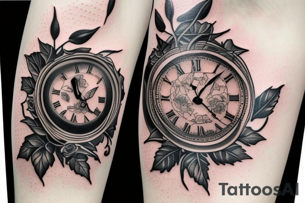 Clock with crab and scorpion in it with ivy leaves and roses tattoo idea