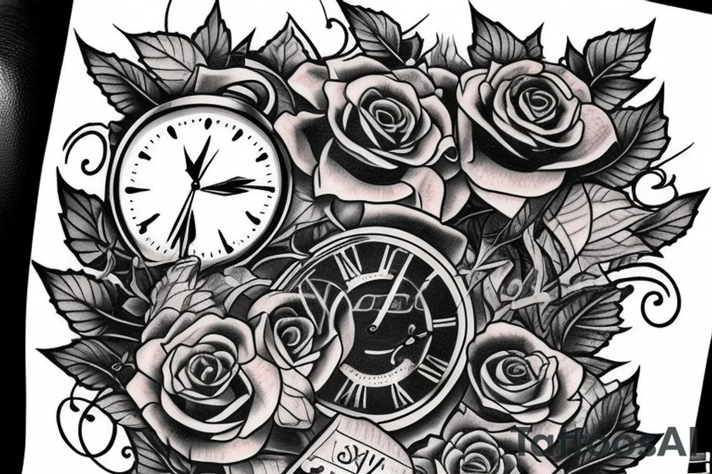 Clock with ivy leaves and ace of spades tattoo idea