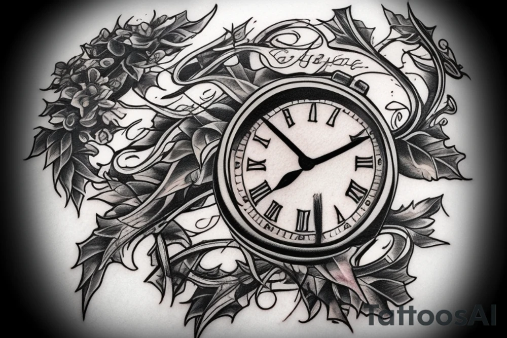 Clock with ivy leaves and ace of spades tattoo idea