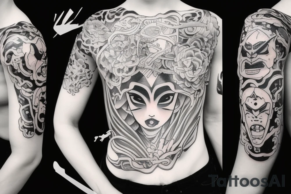 a girl with oni mask tattoo idea