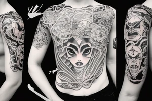 a girl with oni mask tattoo idea