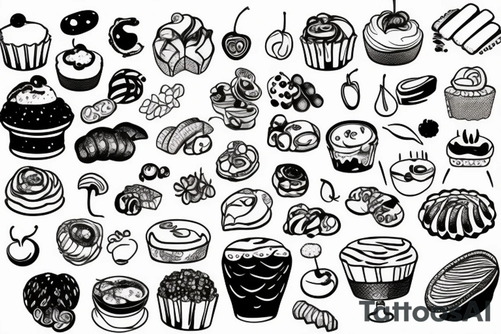 sweet foods and cand with white background outline tattoo idea