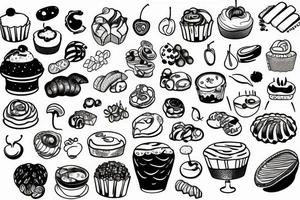 sweet foods and cand with white background outline tattoo idea