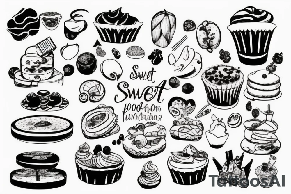 sweet foods and cand with white background outline tattoo idea