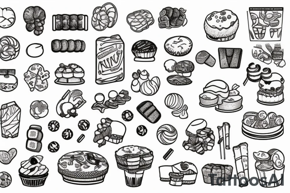 sweet foods and candy with white background outline tattoo idea