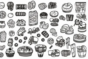 sweet foods and candy with white background outline tattoo idea