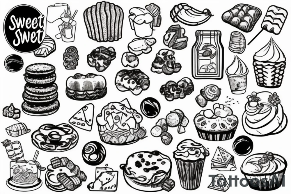 sweet foods and candy with white background outline tattoo idea