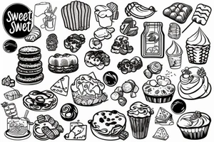 sweet foods and candy with white background outline tattoo idea
