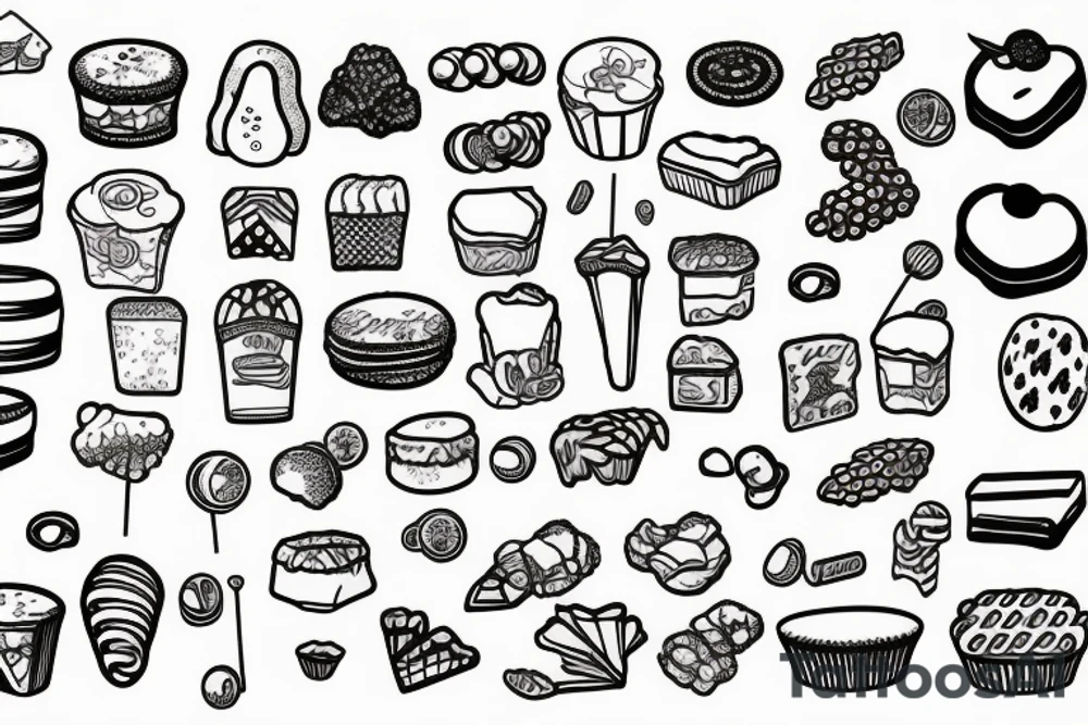 sweet foods and candy with white background outline tattoo idea