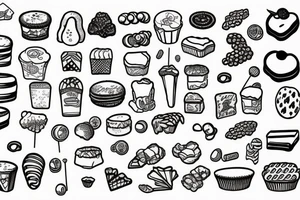 sweet foods and candy with white background outline tattoo idea