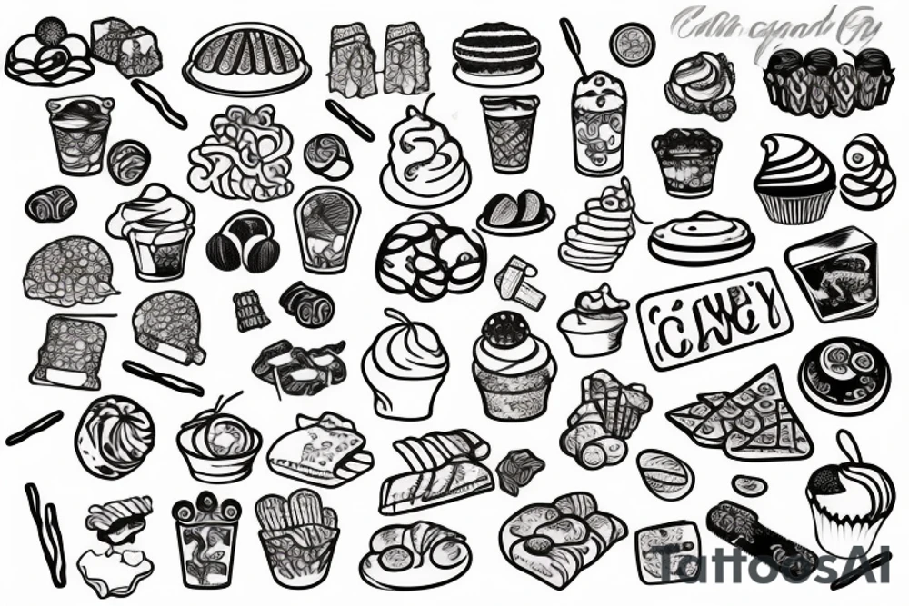 sweet foods and candy with white background outline tattoo idea