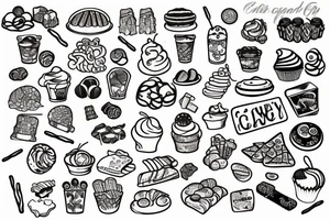sweet foods and candy with white background outline tattoo idea