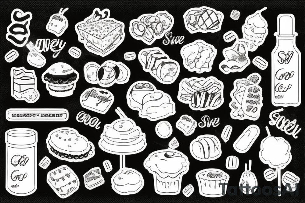 sweet foods and candy with white background tattoo idea