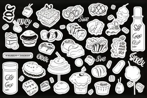 sweet foods and candy with white background tattoo idea