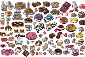 sweet foods and candy with white background tattoo idea