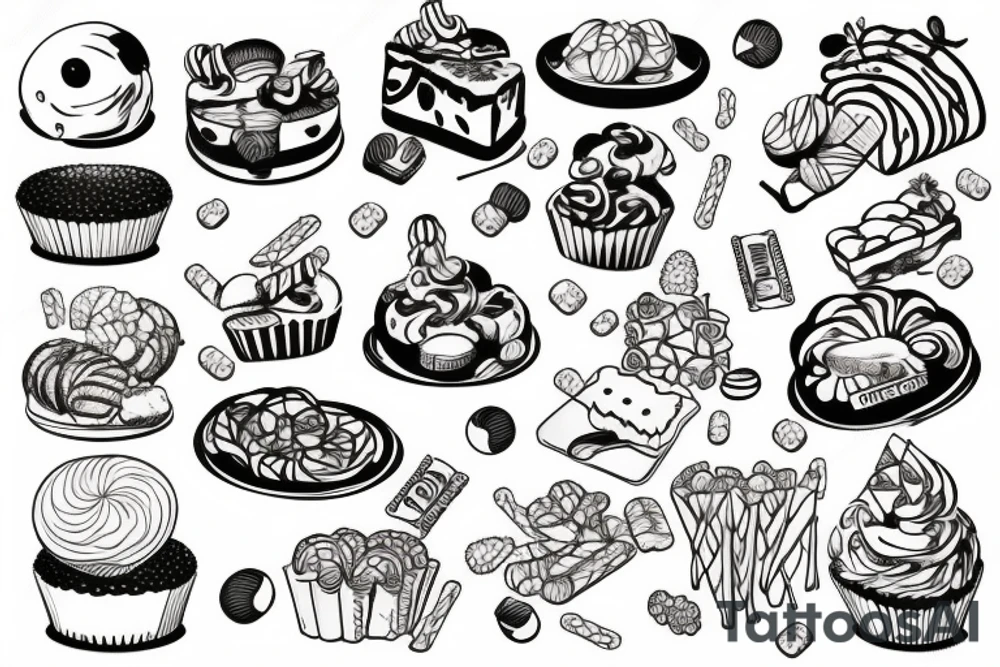 sweet foods and candy with white background tattoo idea