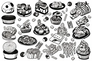 sweet foods and candy with white background tattoo idea