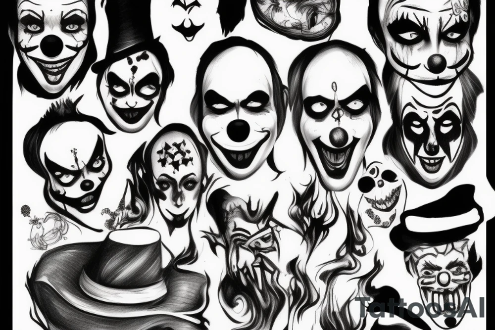 evil clowns with smoke/ white background/outline tattoo idea