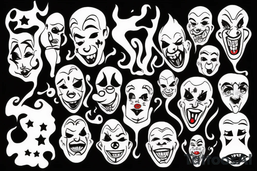 evil clowns with smoke/ white background/outline tattoo idea