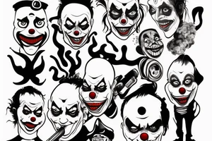evil clowns with smoke/ white background/outline tattoo idea