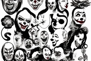 evil clowns with smoke/ white background/outline tattoo idea