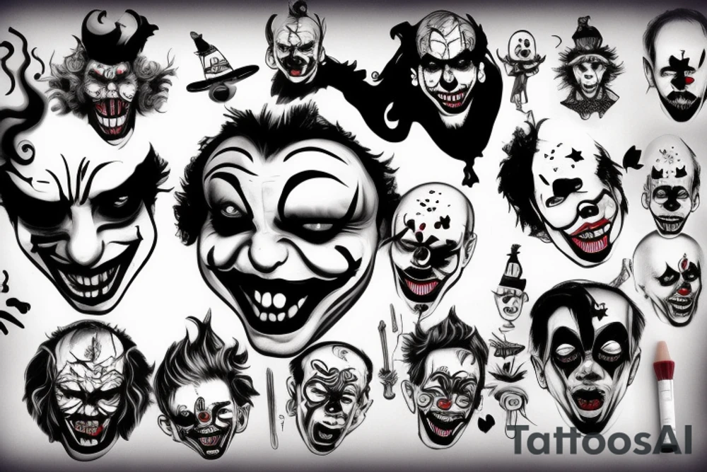 evil clowns with smoke/ white background/outline tattoo idea