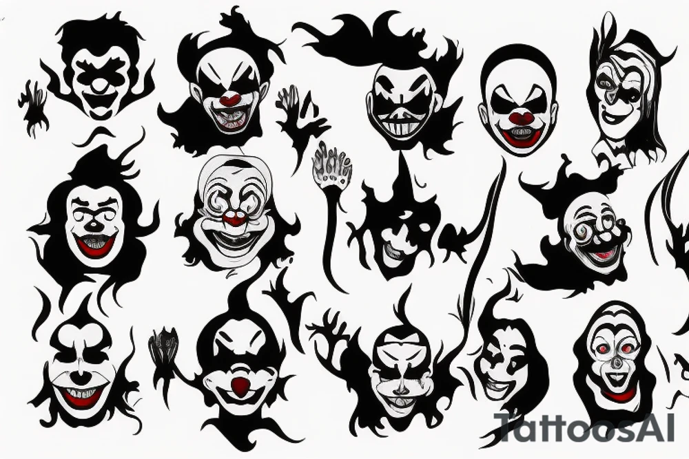 evil clowns with smoke/ white background/outline tattoo idea
