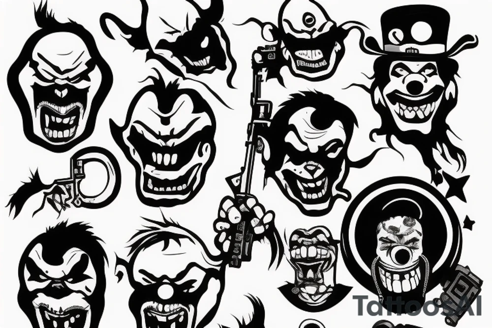 evil clowns holding machine guns / white background/outline tattoo idea